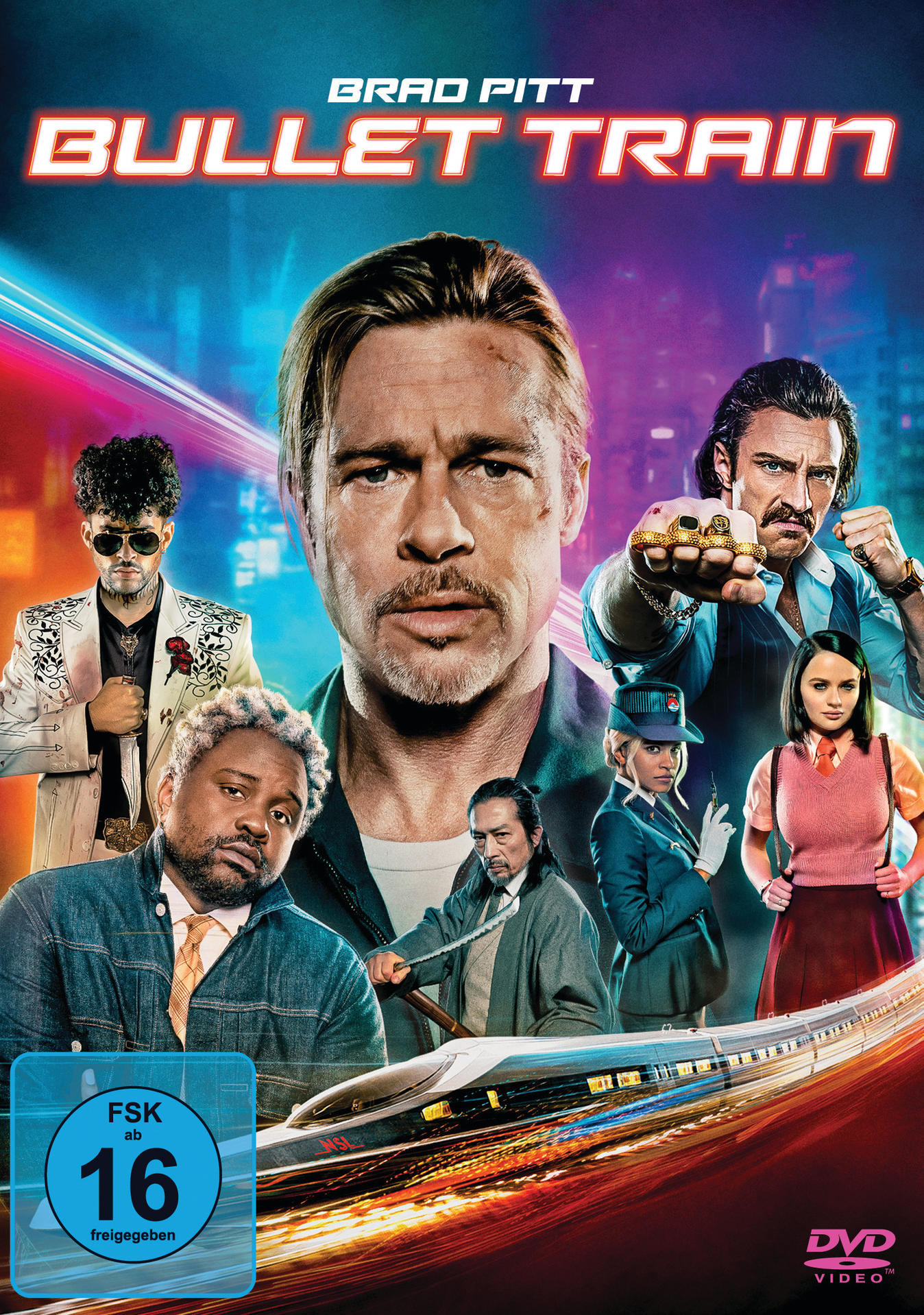 Brad Pitt auf dem Cover von Bullet Train. Andere Schauspieler sind ebenfalls auf dem Cover.