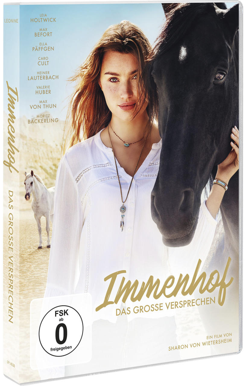 DVD-Cover von 'Immenhof: Das Grosse Versprechen'. Eine Frau und ein Pferd sind abgebildet.