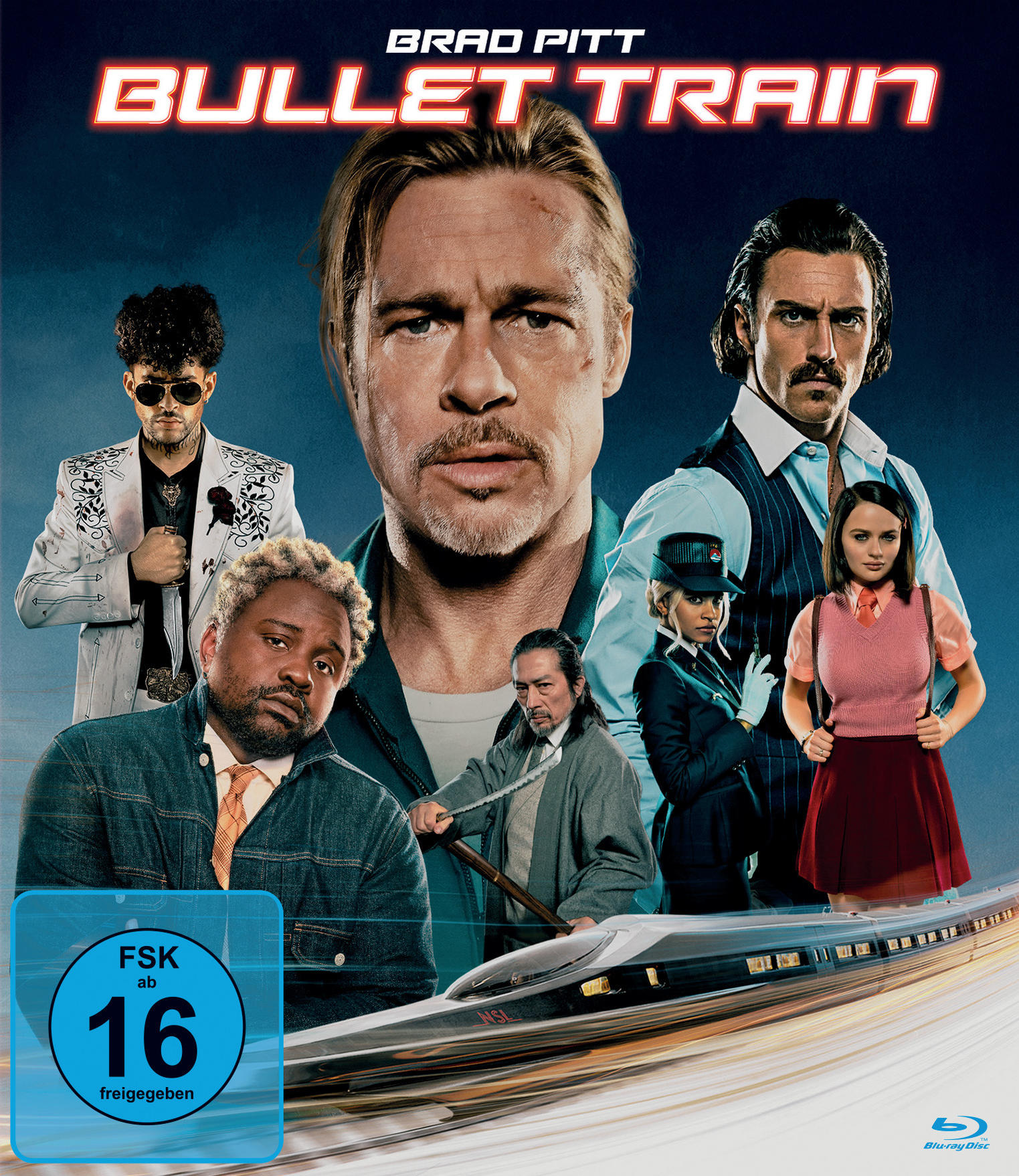 Filmposter für Bullet Train. Brad Pitt und andere Schauspieler sind zu sehen. Im Hintergrund ist ein Zug. Bewertungszeichen ist sichtbar.