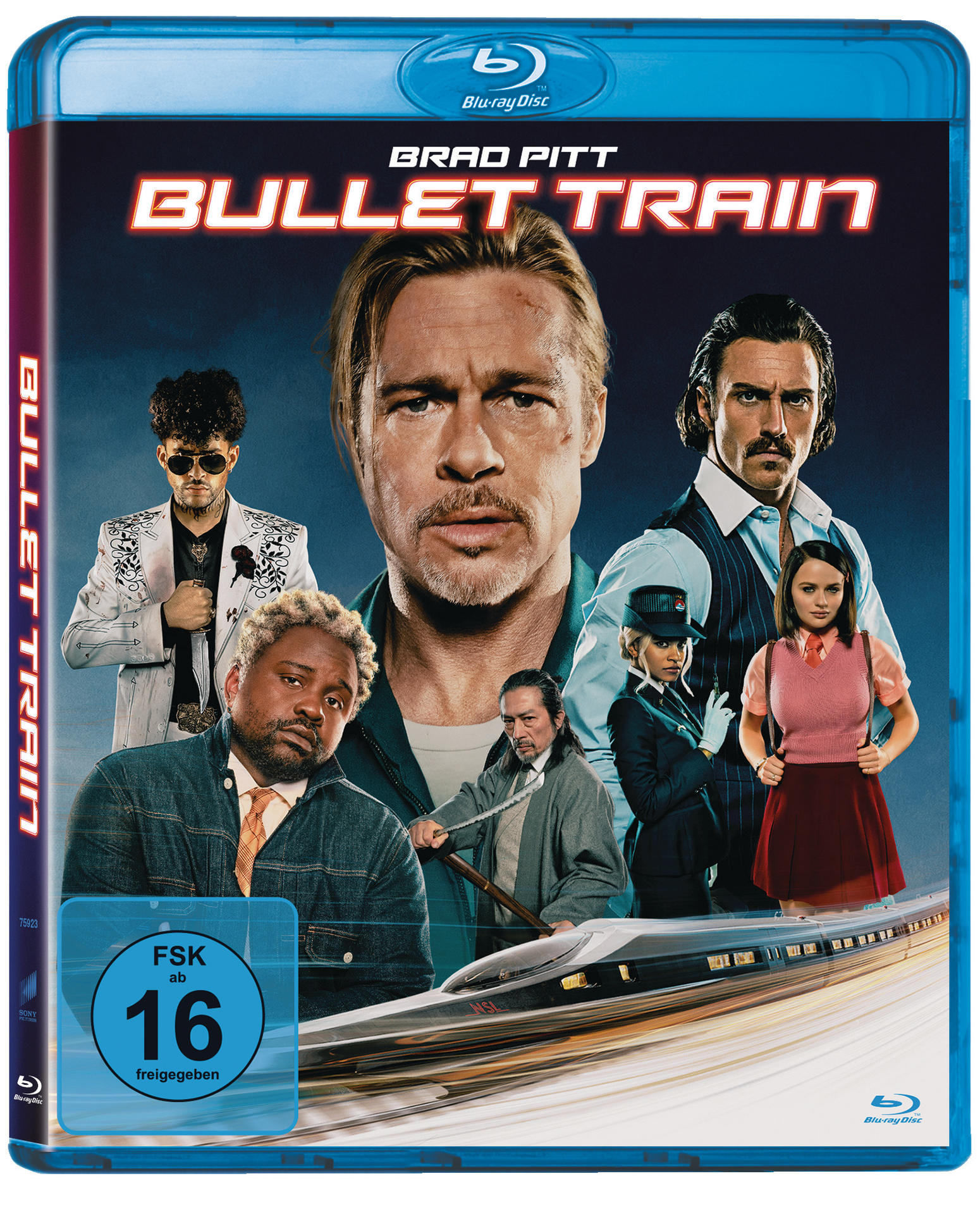 Das Blu-ray-Cover von Bullet Train mit Brad Pitt und anderen Schauspielern. Der Hintergrund zeigt einen Zug.