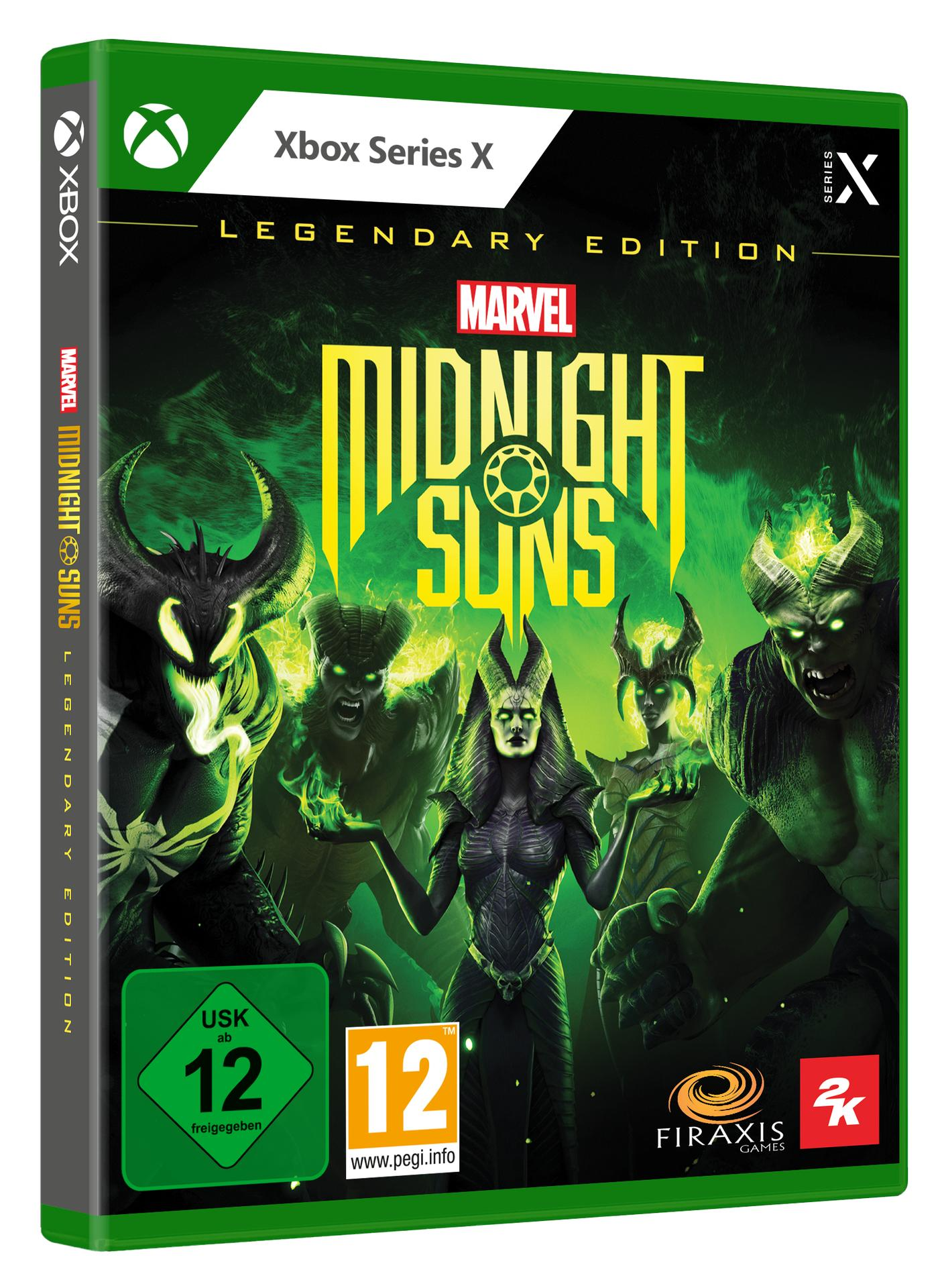 Xbox Series X Spielbox für Marvel Midnight Suns, mit dunkelgrünem Cover.