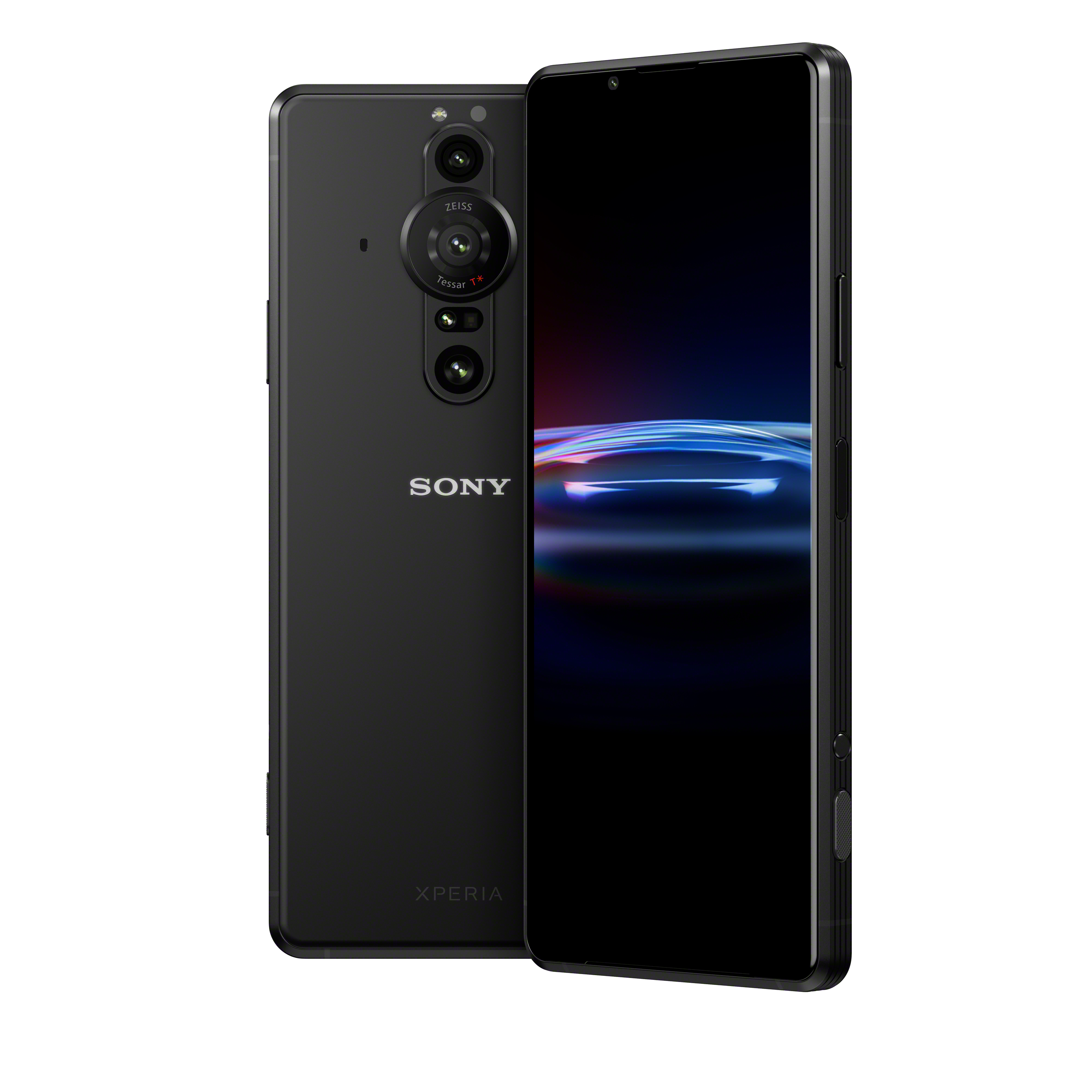 Schwarzes Sony Xperia Smartphone mit drei Rückkameras und einem Frontbildschirm. Das Telefon ist vor weißem Hintergrund isoliert.