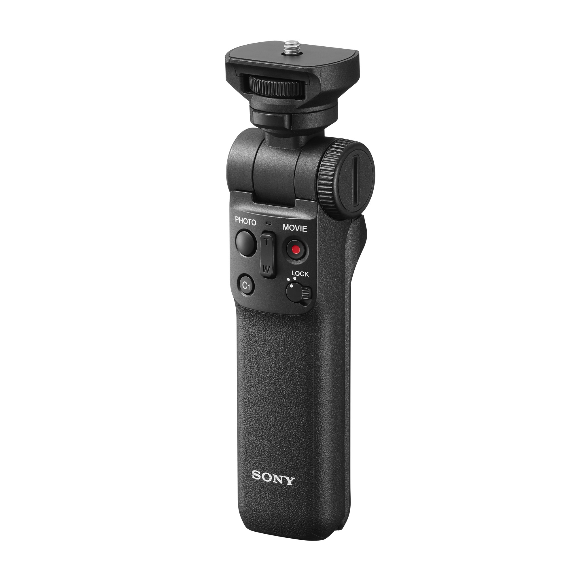 Ein schwarzer Sony Shooting Grip für eine Kamera, mit Knöpfen und einem Verriegelungsschalter.