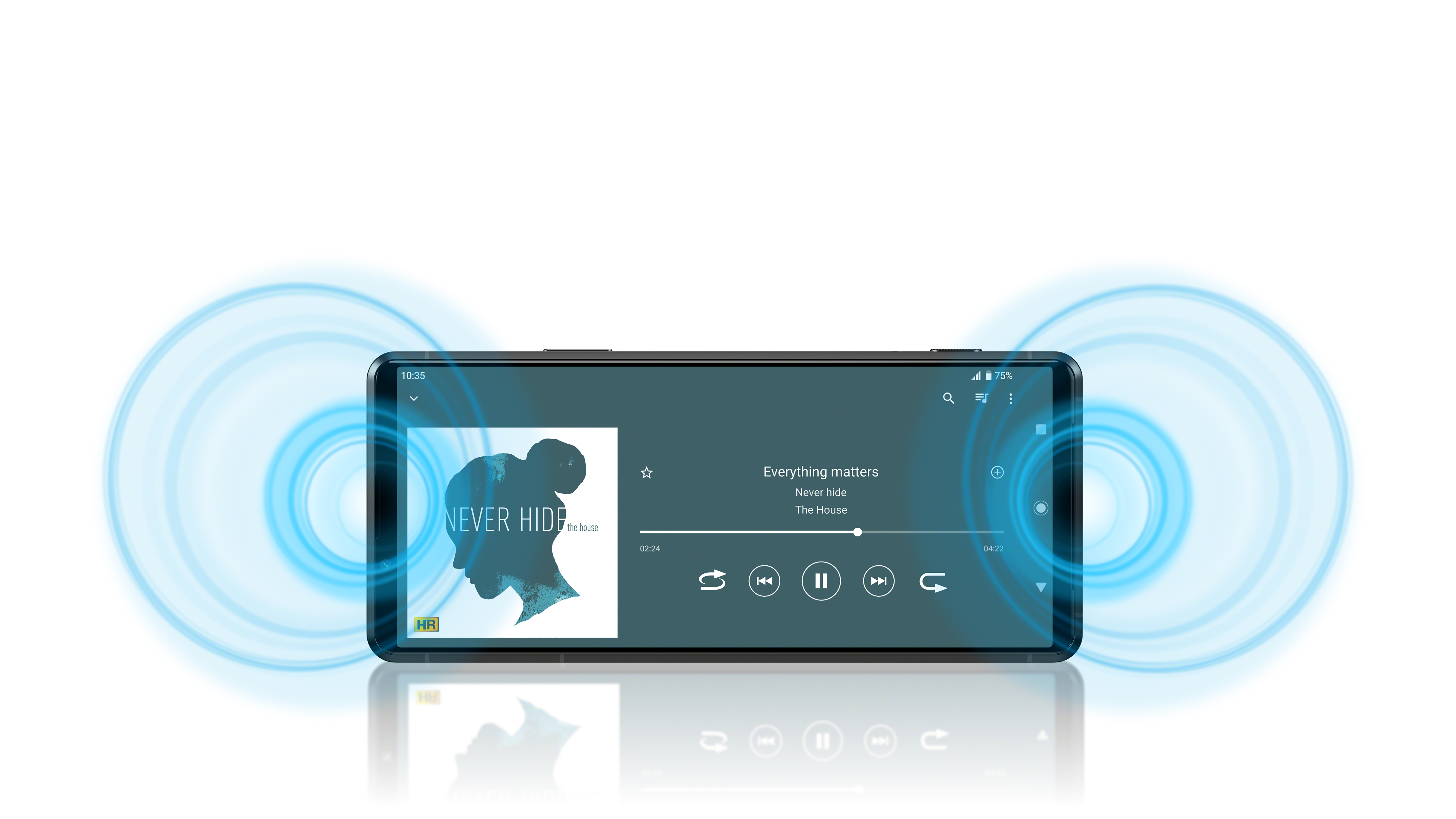 Ein Smartphone, das Musik anzeigt, mit Schallwellen, die davon ausgehen.