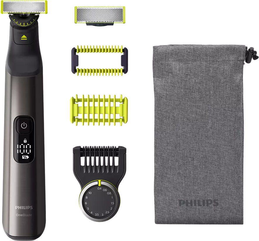 Een Philips OneBlade elektrische scheerapparaat met accessoires en een grijze pouch.