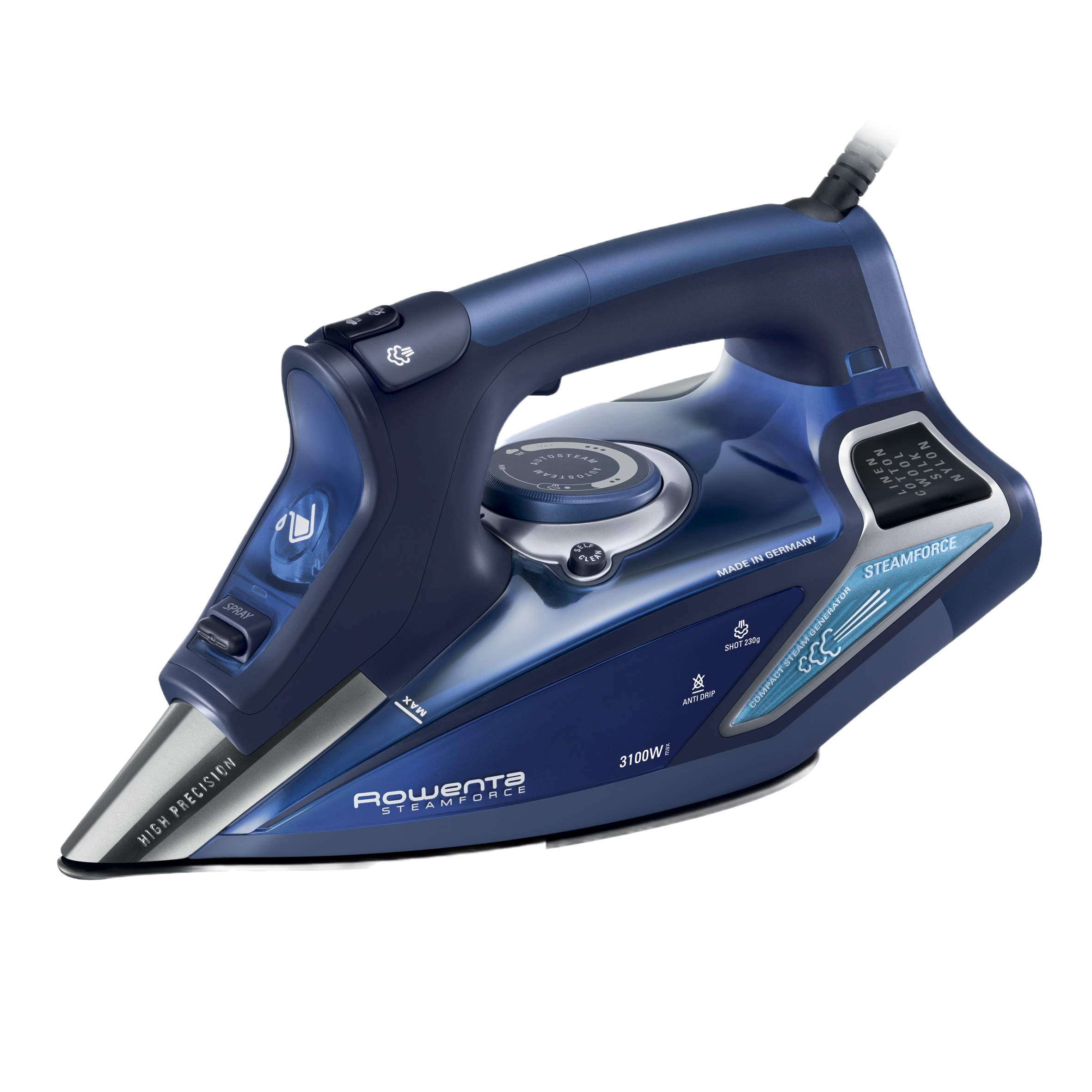 Plancha de vapor - Rowenta DW9240D1, 3100 W, Golpe de vapor 230g/min, Suela Microsteam400 Profile, Sistema antical, Acero Inoxidable, Azul