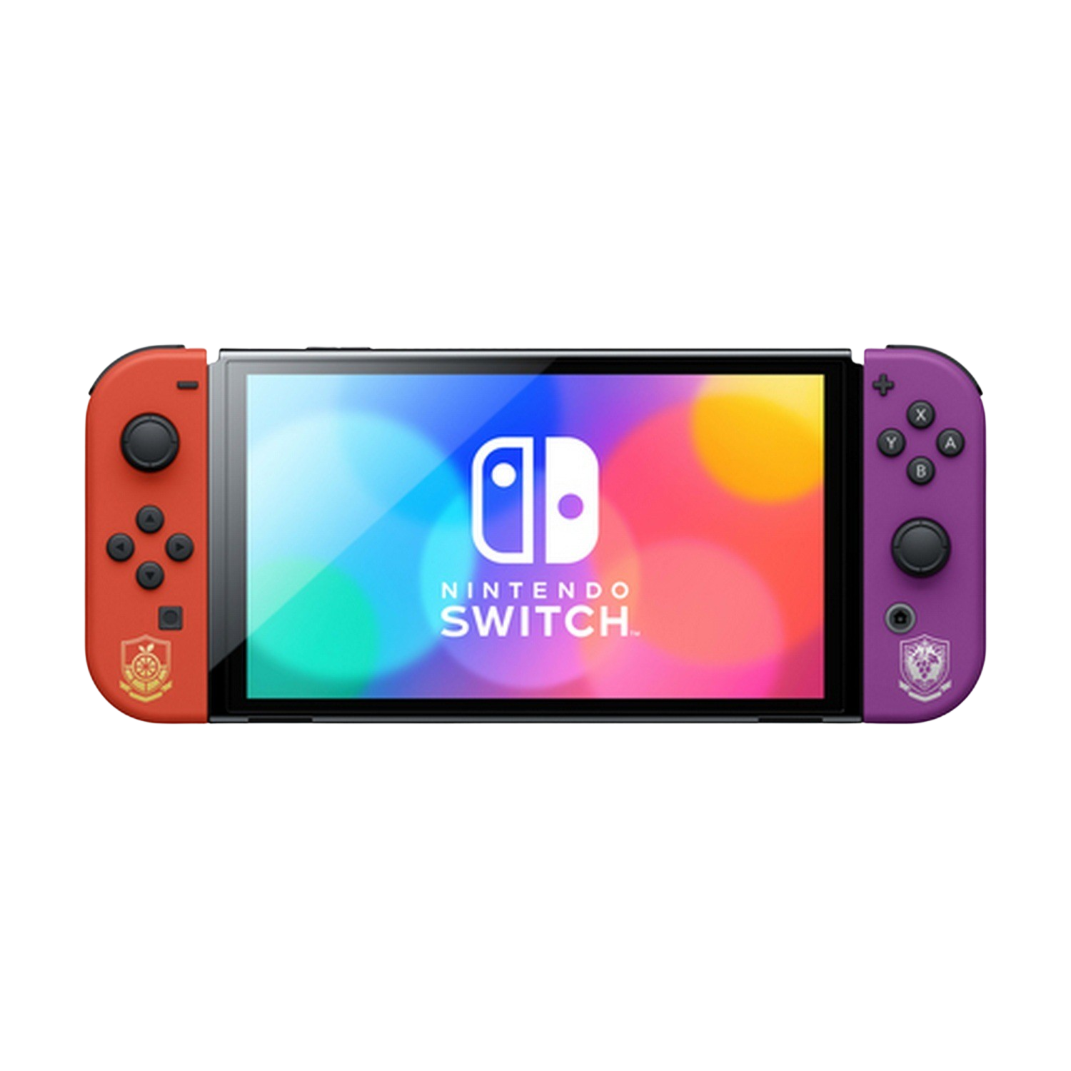 Una consola Nintendo Switch con Joy-Cons rojos y morados. La pantalla muestra un fondo abstracto y colorido.