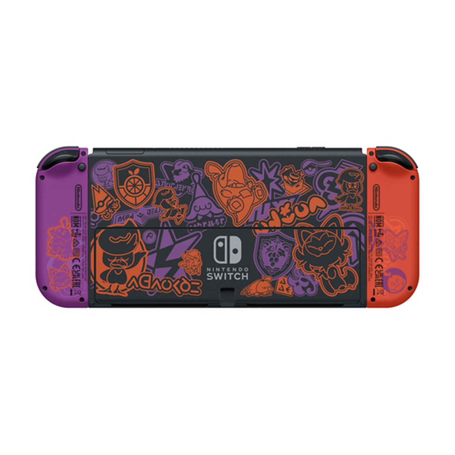Un controlador de Nintendo Switch con un diseño personalizado. El controlador es negro con detalles y dibujos en naranja y morado.