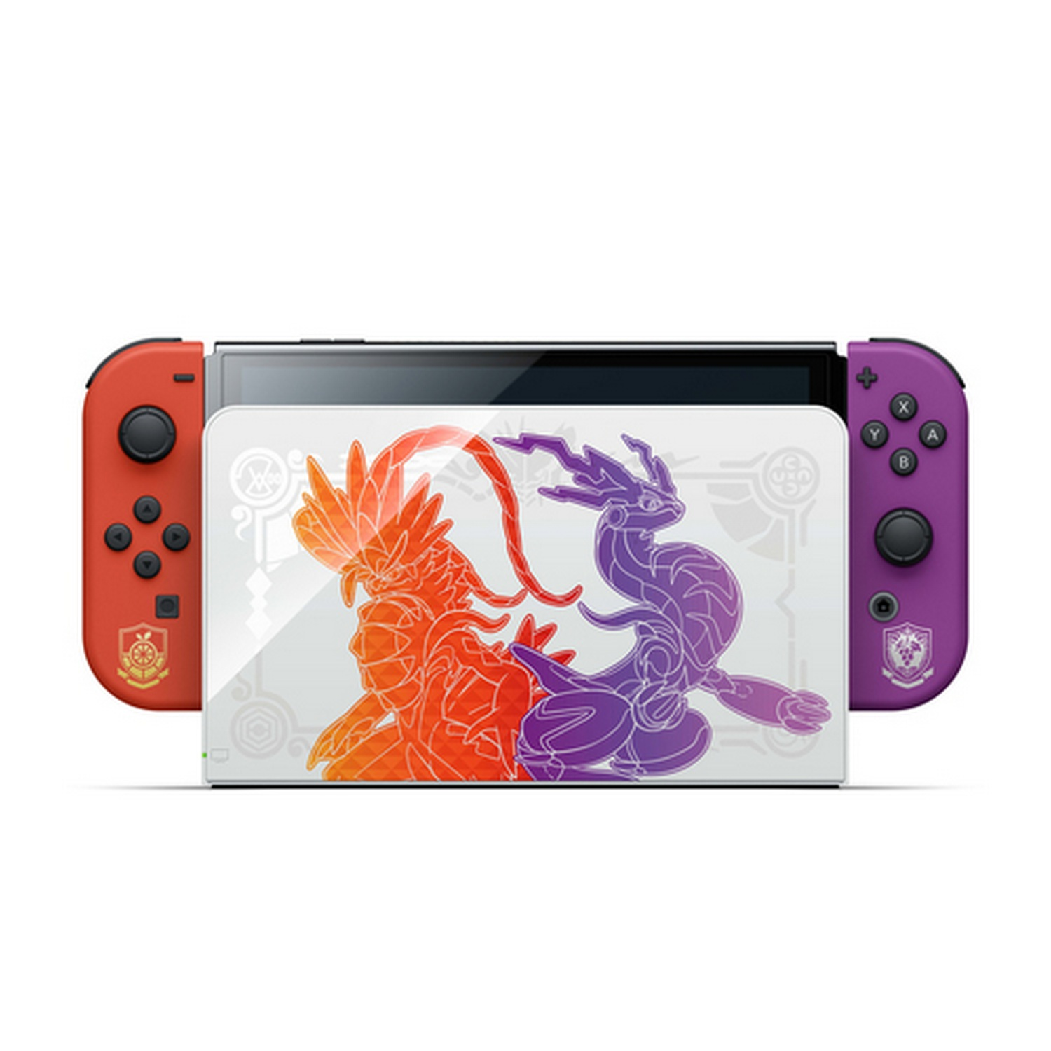 Nintendo Switch con mandos rojos y morados, centro blanco y diseño colorido.