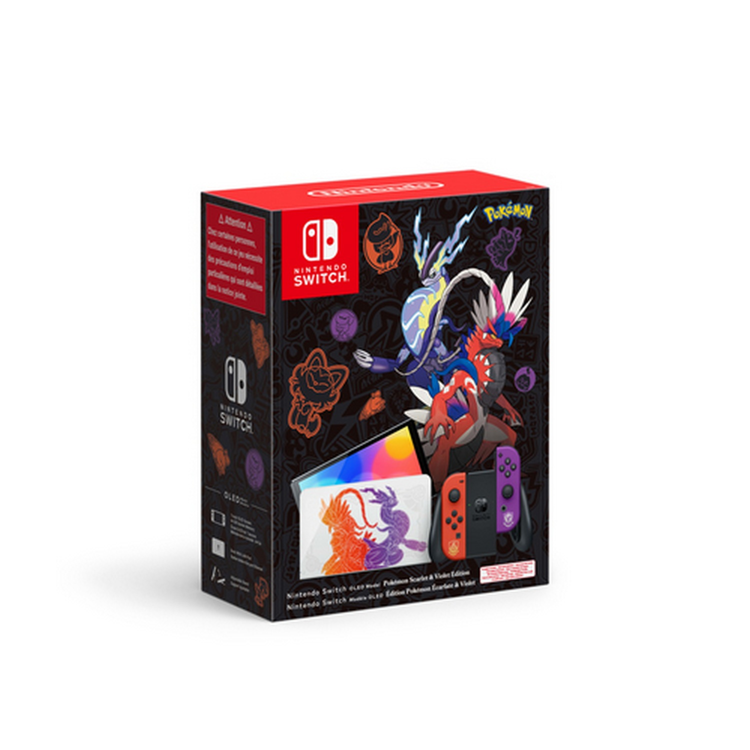 Caja de Nintendo Switch, con arte del juego, consola y mandos visibles. Rojo y negro.