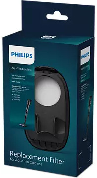 Boîte de filtre de remplacement Philips AquaTrio Cordless. Schéma de couleurs noir et bleu.