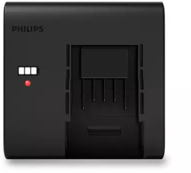 Een zwarte Philips oplader met drie batterijniveau-indicatoren en een rood oplaadlampje.