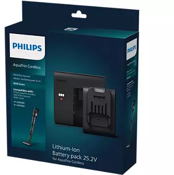 Doos met Philips AquaTrio Cordless-batterij, met batterij en oplaadstation.