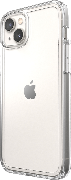 Átlátszó iPhone tok, benne egy iPhone-nal, amelyen az Apple logó látható. Három kamerával rendelkezik.