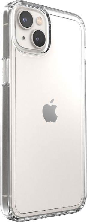 iPhone 13 egy átlátszó tokban. Az Apple logó látható a hátoldalon.