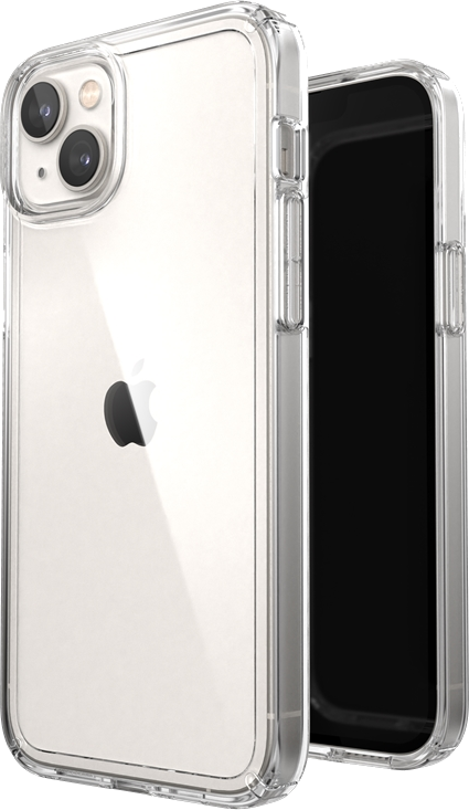 iPhone átlátszó tokban. A telefon fekete, a tok átlátszó, fehér szegéllyel.