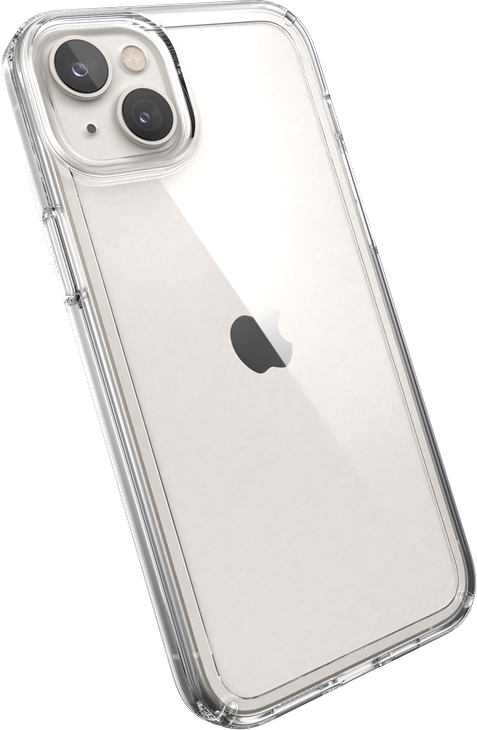 Egy iPhone 13 Pro átlátszó tokban. A kamera lencséi láthatók.