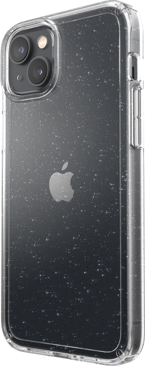 Átlátszó iPhone tok csillámokkal. Az Apple logó látható a hátoldalon.