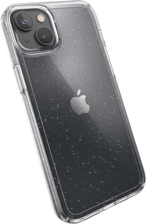 Átlátszó telefontok csillámporral, iPhone látható kamerákkal. Fekete háttér.
