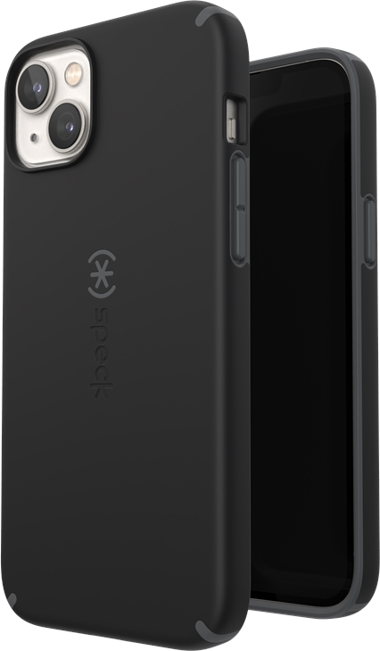 Fekete iPhone fekete Speck tokban, a kamera lencséivel és a hangerőgombokkal láthatóan, sötét háttérrel.