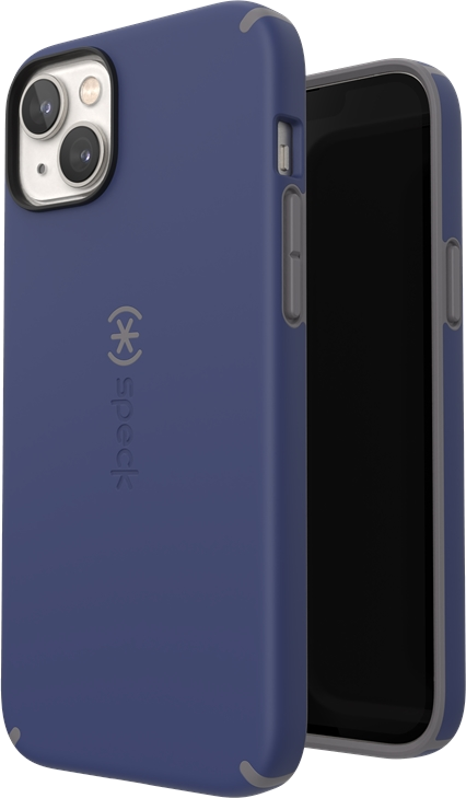 Kék telefontok fehér háttéren, a telefon képernyője fekete.