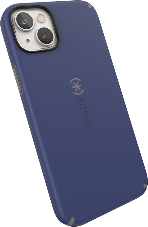 Kék-fekete telefontok speck logóval. A telefontok fekete háttéren dől.