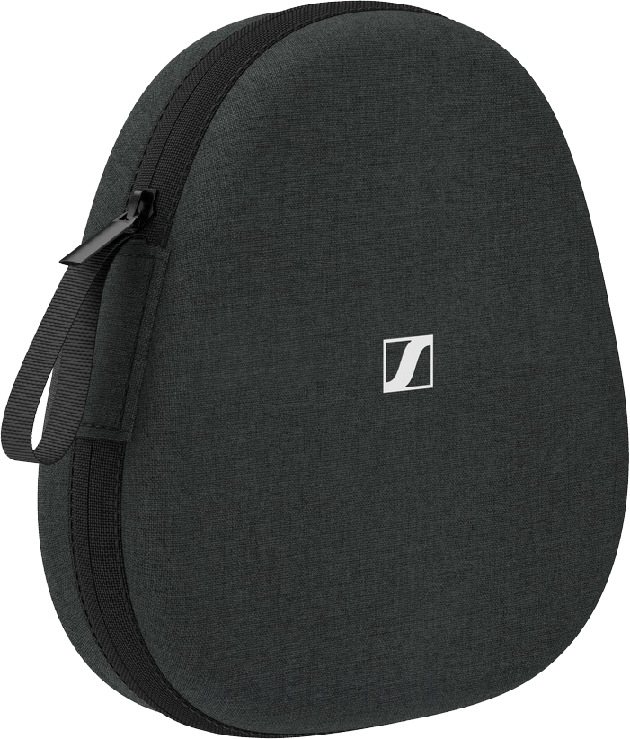 Zárt fekete ovális fejhallgató tok cipzárral és fogantyúval, fehér Sennheiser logó.
