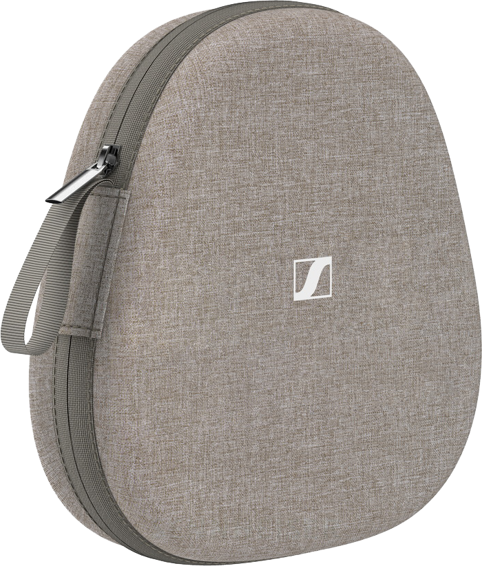 Bézs ovális Sennheiser fejhallgató tok, cipzárral és fogantyúval. A Sennheiser logó látható.