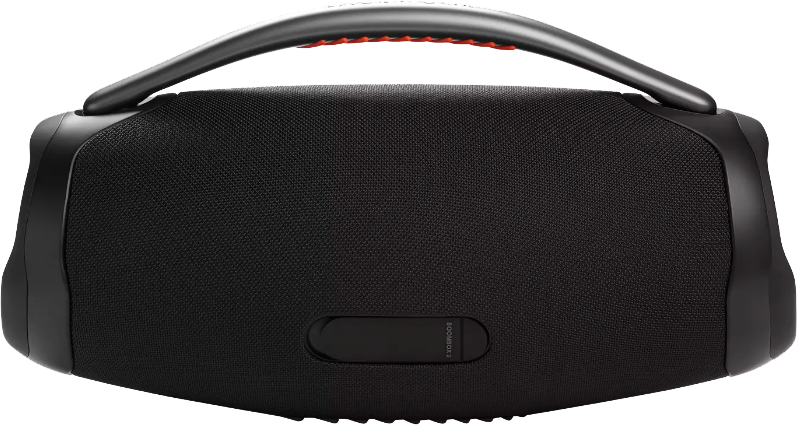 Fekete JBL Boombox 3 hangszóró fogantyúval. Fekete háló és narancssárga részletek. Fehér háttér.