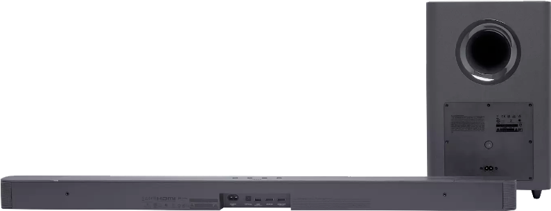 Egy soundbar és mélynyomó készlet fekete háttér előtt, a készülékek hátulját mutatva.