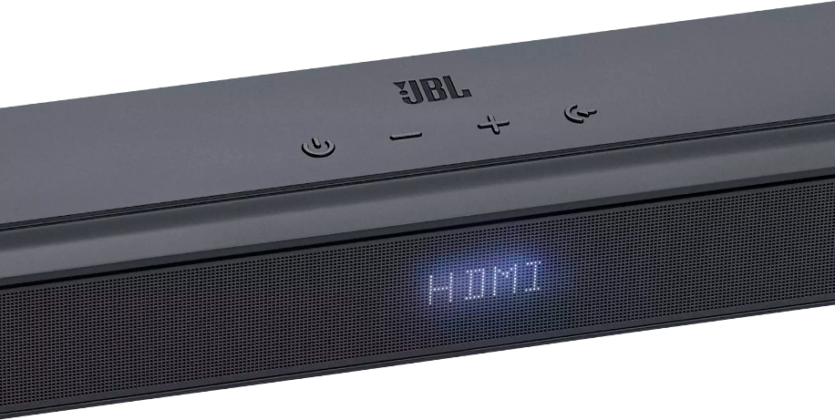 A fekete JBL soundbar közelképe, a HDMI szó kék színnel jelenik meg az előlapon.