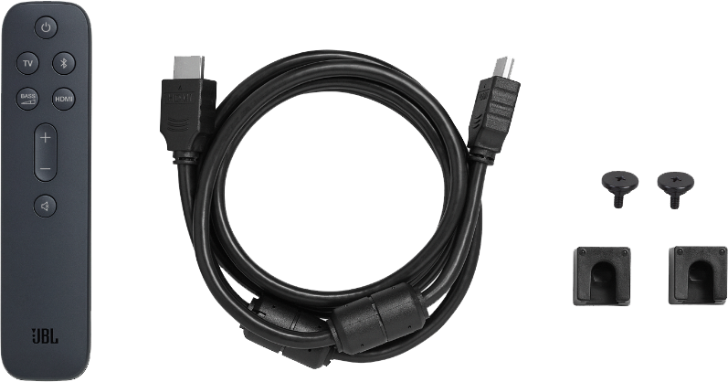 Távirányító, HDMI-kábel és tartókonzolok fehér háttéren.