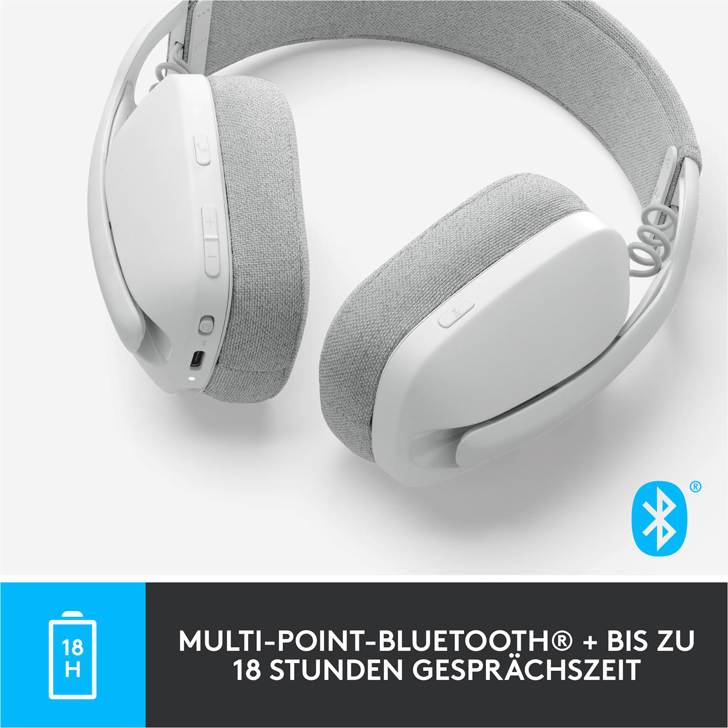 Weiße Kopfhörer mit grauem Bügel, Bluetooth-Symbol, Text über Akkulaufzeit und Funktionen.