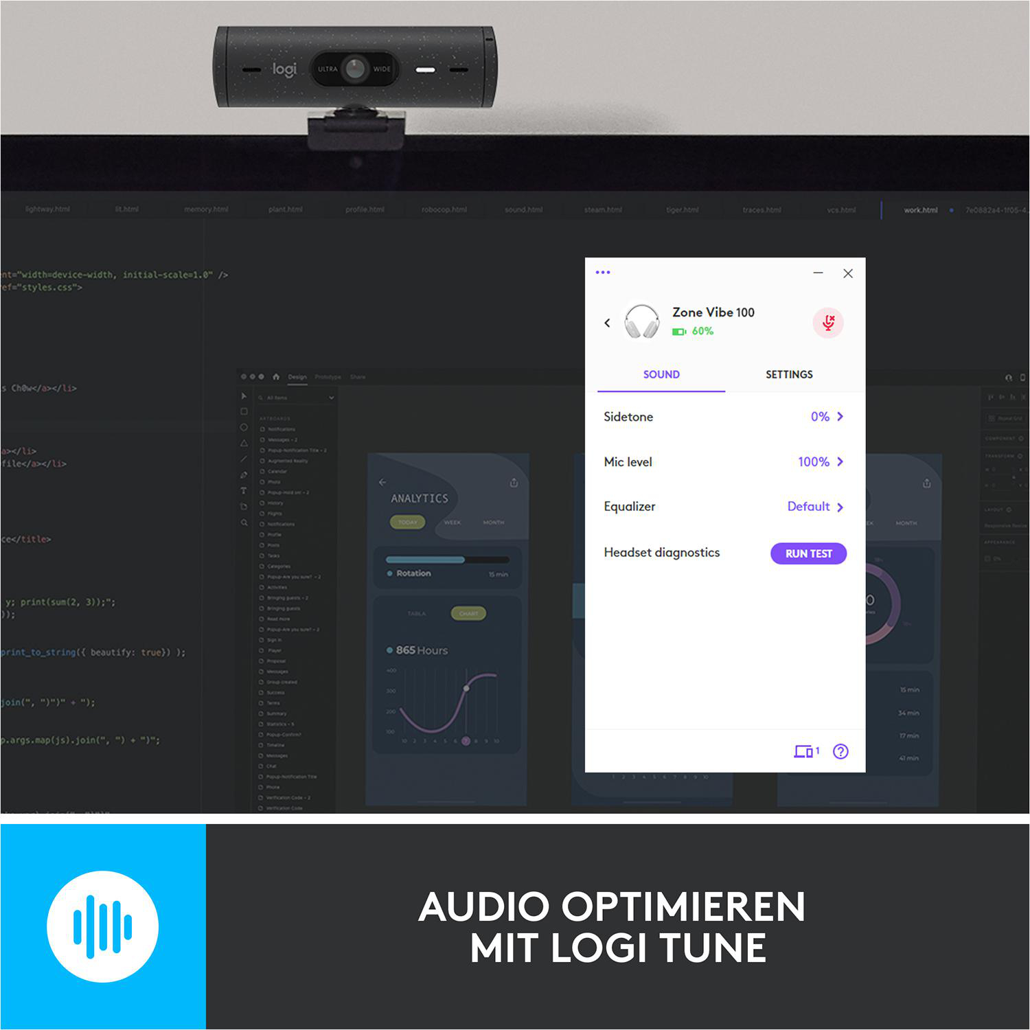 Setup für Videoanrufe. Zeigt eine Webcam und einen Bildschirm mit App-Oberfläche und Logo.