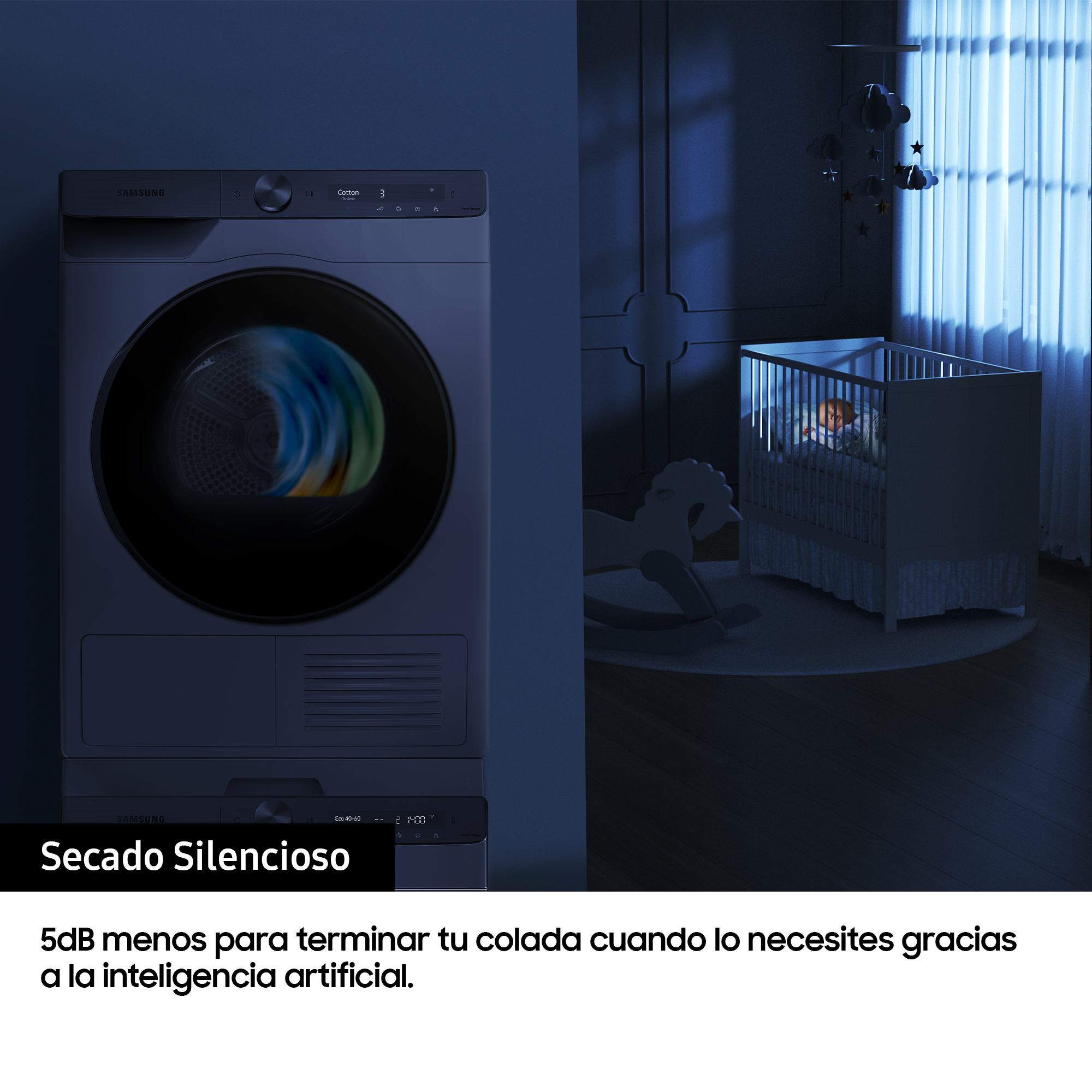 Una lavadora y una habitación de bebé con una cuna. La puerta de la máquina es oscura.