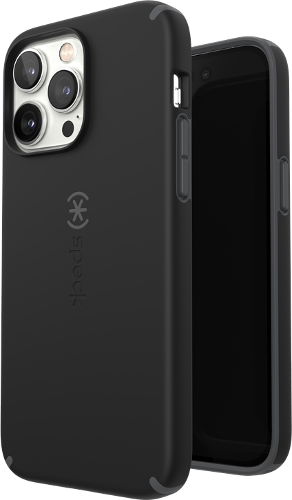 Fekete telefontok telefonnal. A tok pöttyös mintázatú és megemelt szélű.
