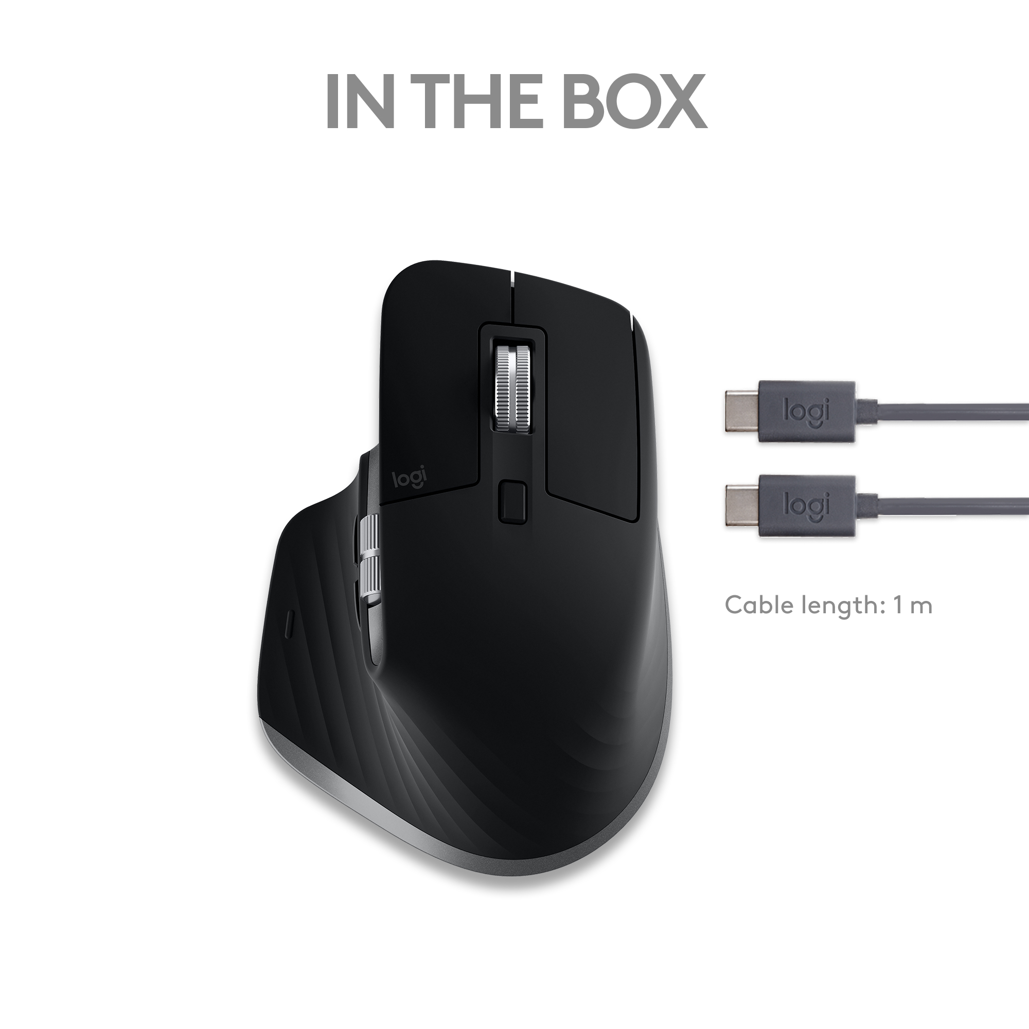 Schwarze Maus mit zwei USB-C-Kabeln, Text 'IN THE BOX'.