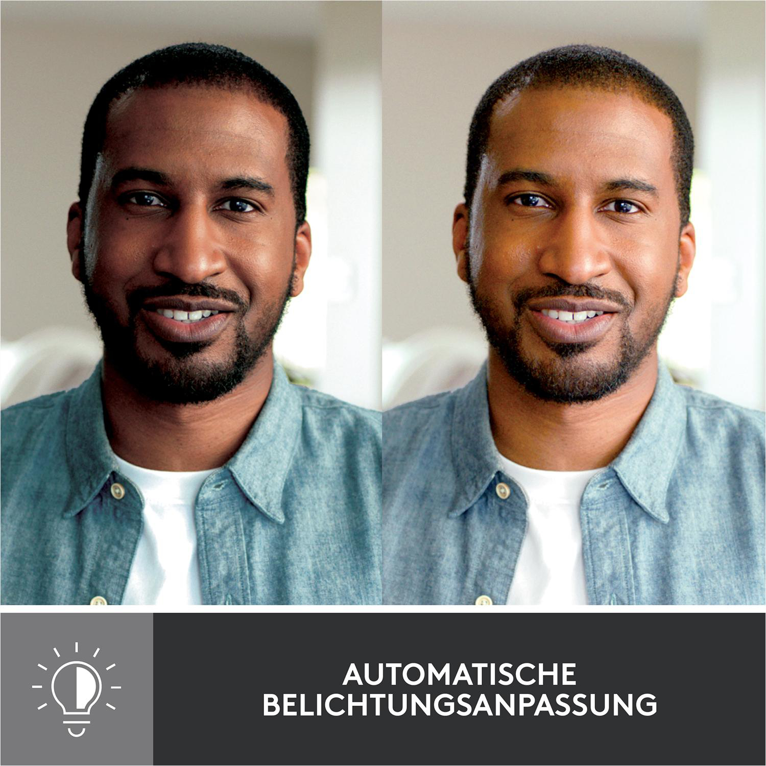 Zwei nebeneinanderliegende Bilder eines Mannes, das linke Bild dunkler, das rechte heller.