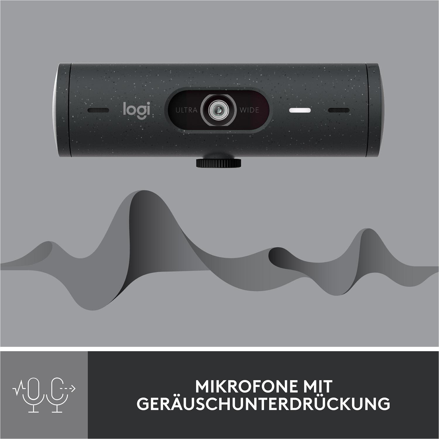 Schwarze Webcam mit Mikrofonen, Text: ULTRA WIDE. Unter der Webcam befindet sich eine graue Schallwellengrafik.