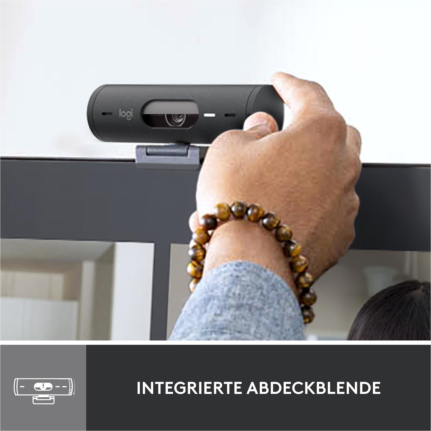 Die Hand einer Person, die eine schwarze Webcam einstellt. Der Text 'INTEGRIERTE ABDECKBLENDE' ist sichtbar.