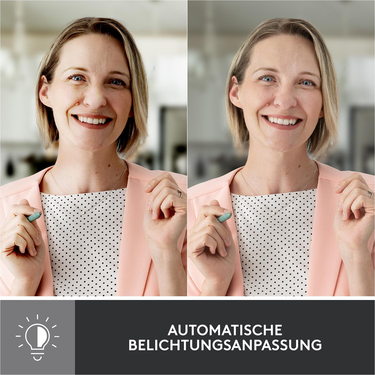 Zwei Bilder einer Frau, eines mit dunklerer, eines mit heller Beleuchtung. Text zeigt 'automatisch'.