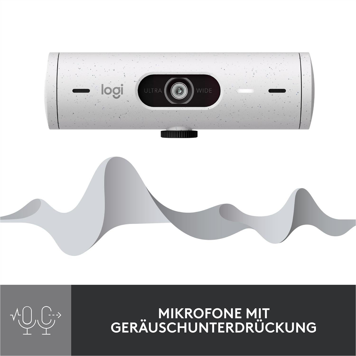 Eine weiße Kamera mit Mikrofon-Symbol und Text unten: Mikrofon mit Geräuschunterdrückung.