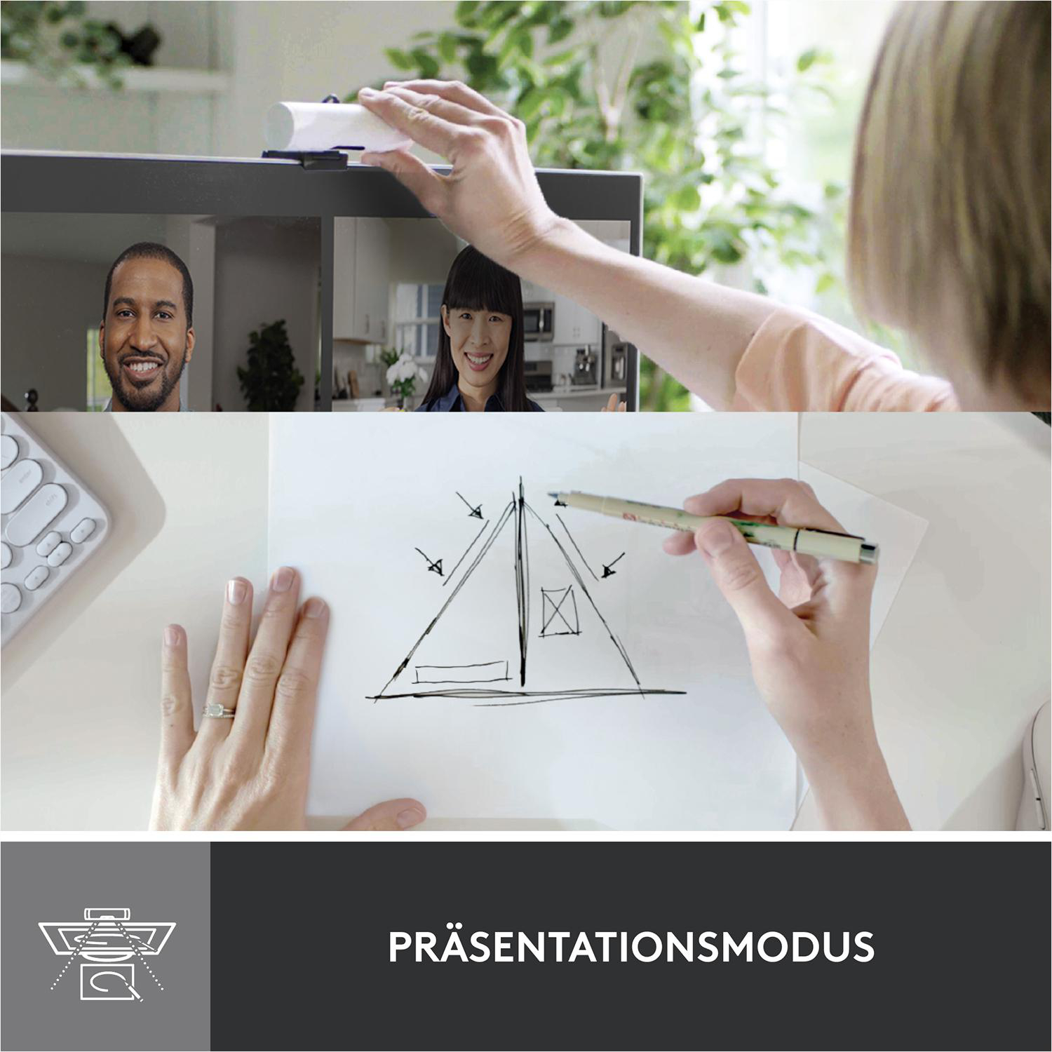 Eine Frau zeichnet ein Diagramm und sieht einen Videoanruf mit zwei anderen Personen.