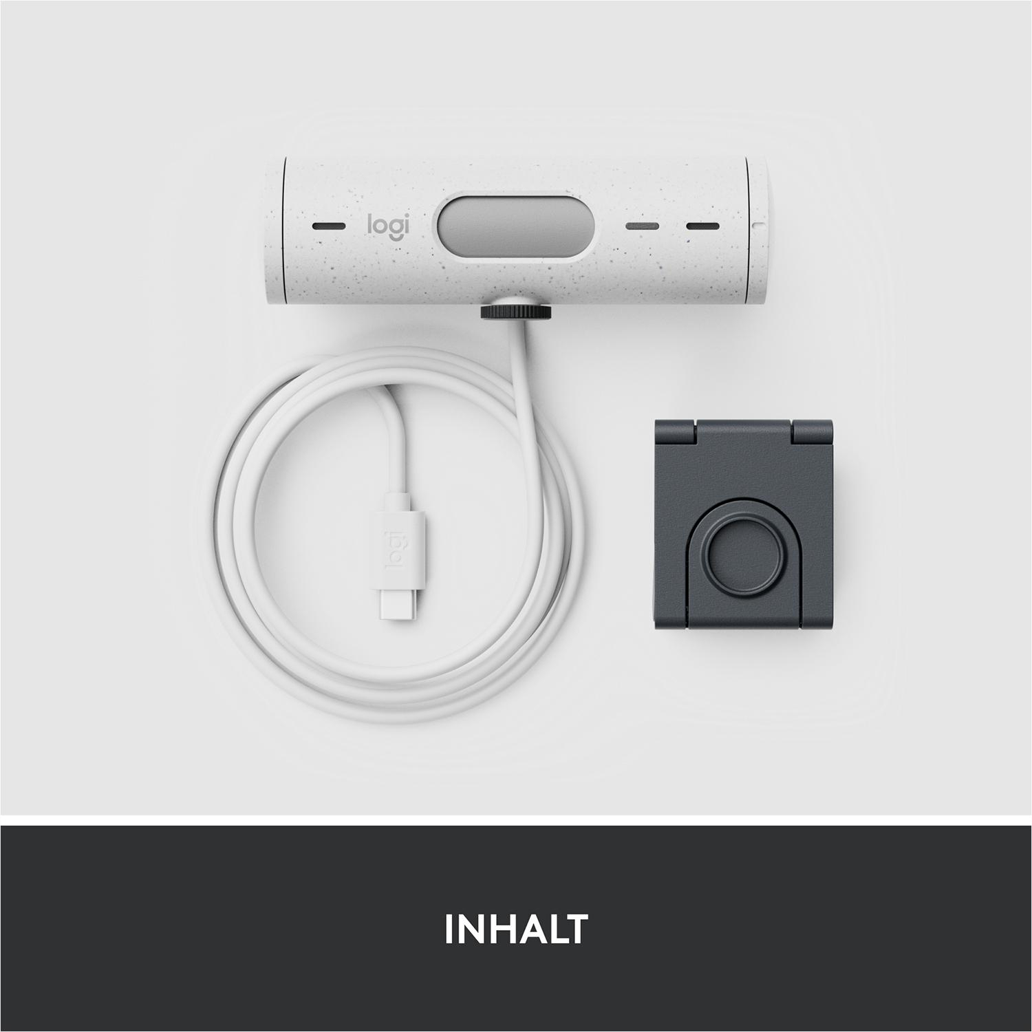 Weiße Logitech-Webcam mit schwarzem Ständer und gewendeltem weißem Kabel.