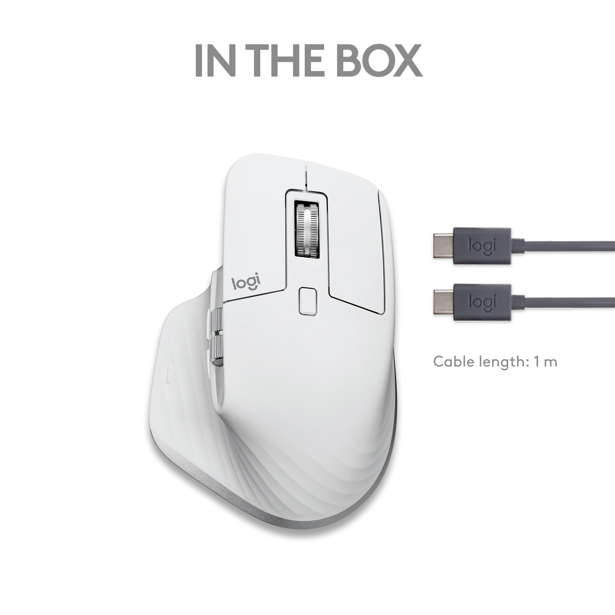 Weiße Maus mit zwei schwarzen Kabeln. Die Maus befindet sich auf weißem Hintergrund. Der Text lautet 'IN THE BOX'.