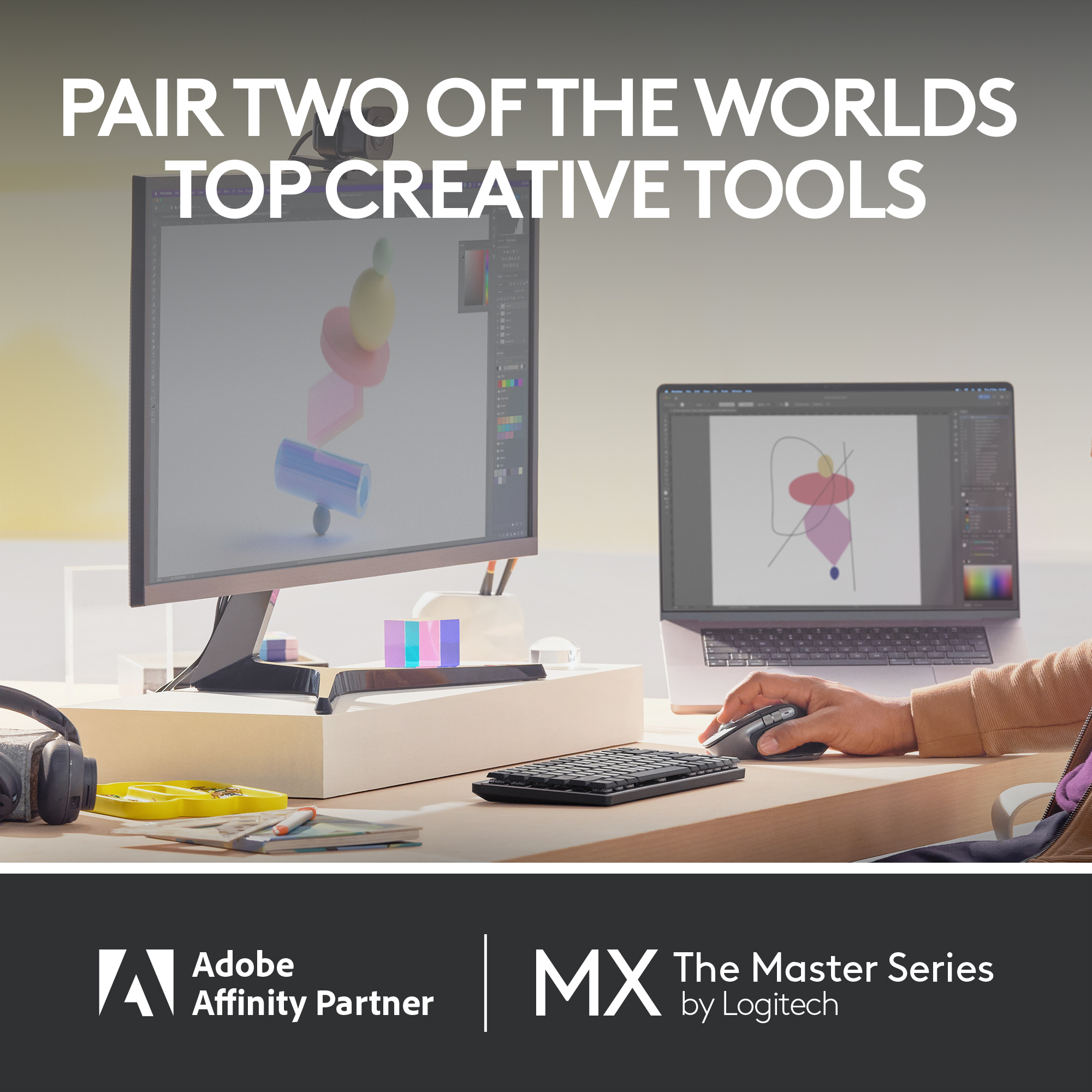 Mann benutzt Computer mit Monitor und Laptop. 'PAIR TWO OF THE WORLD'S TOP CREATIVE TOOLS'.