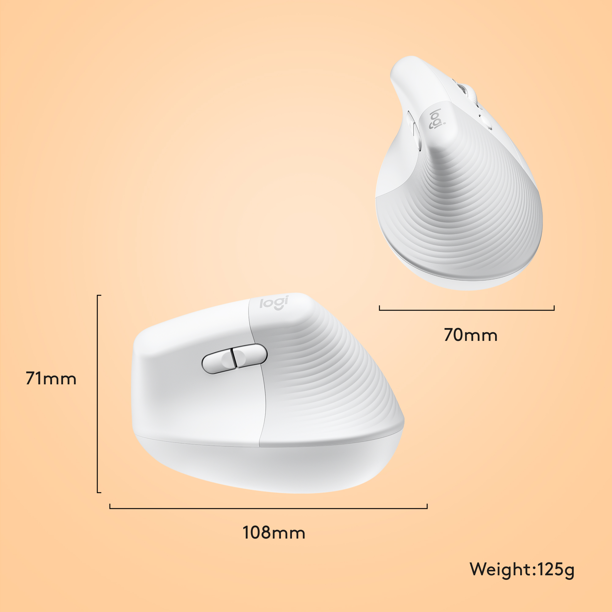 Weiße ergonomische Logitech-Maus mit Abmessungen und Gewicht. Zwei Ansichten der Maus werden gezeigt.