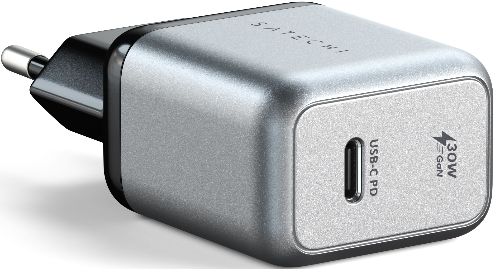 Ein silbernes Satechi USB-C Ladegerät mit schwarzem Deckel. Hat einen USB-C Anschluss und 30W.