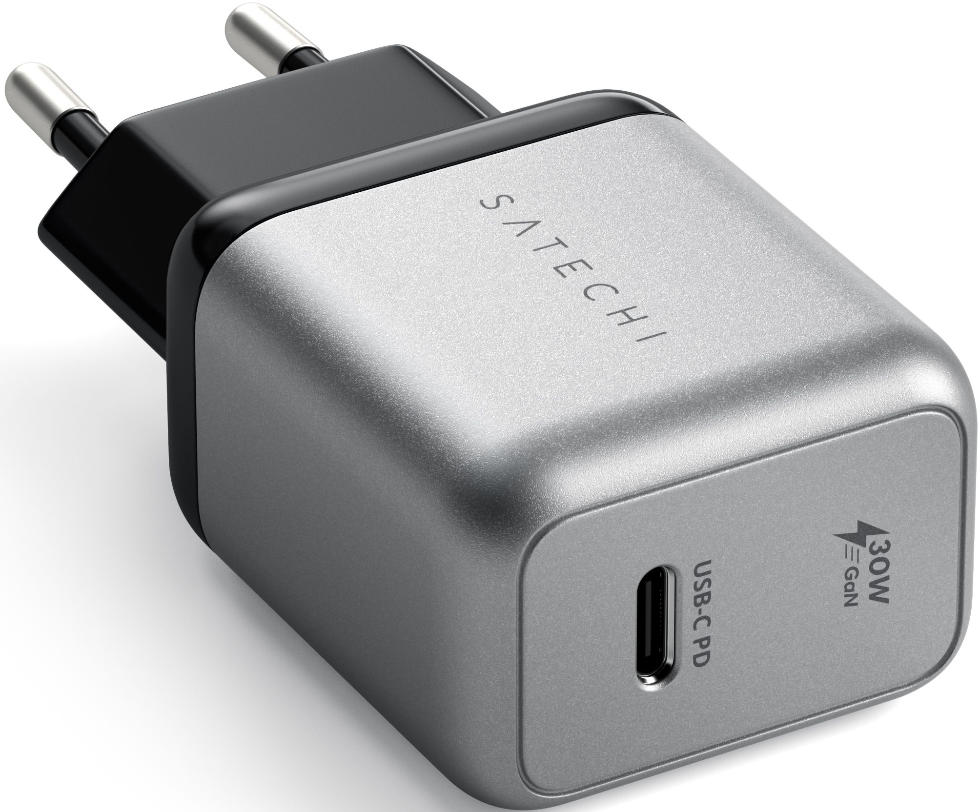 Silbernes und schwarzes Satechi USB-C-Ladegerät mit USB-C-Anschluss.