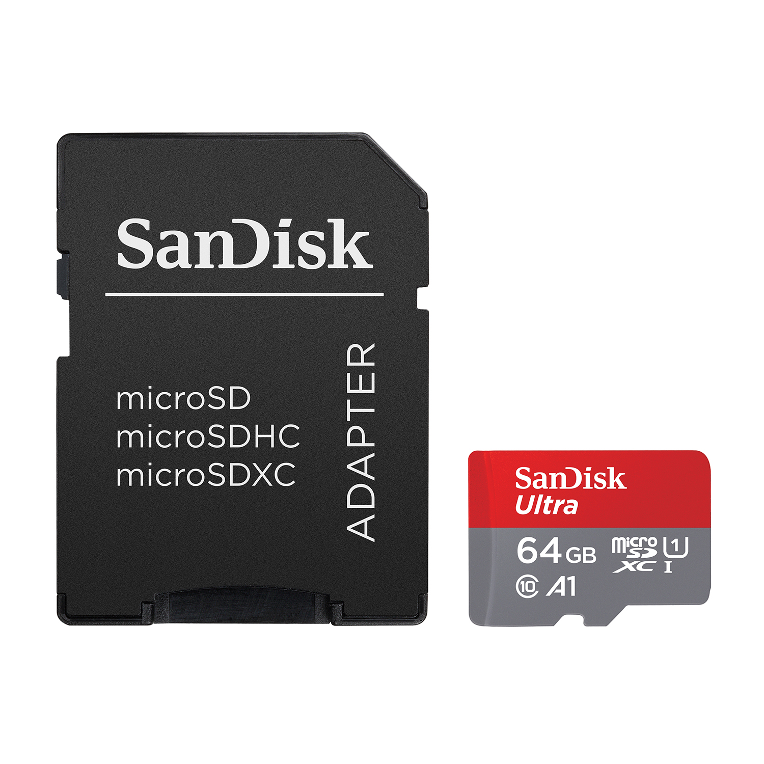 Scheda microSD e adattatore Sandisk. La scheda è rossa e nera, l'adattatore nero.